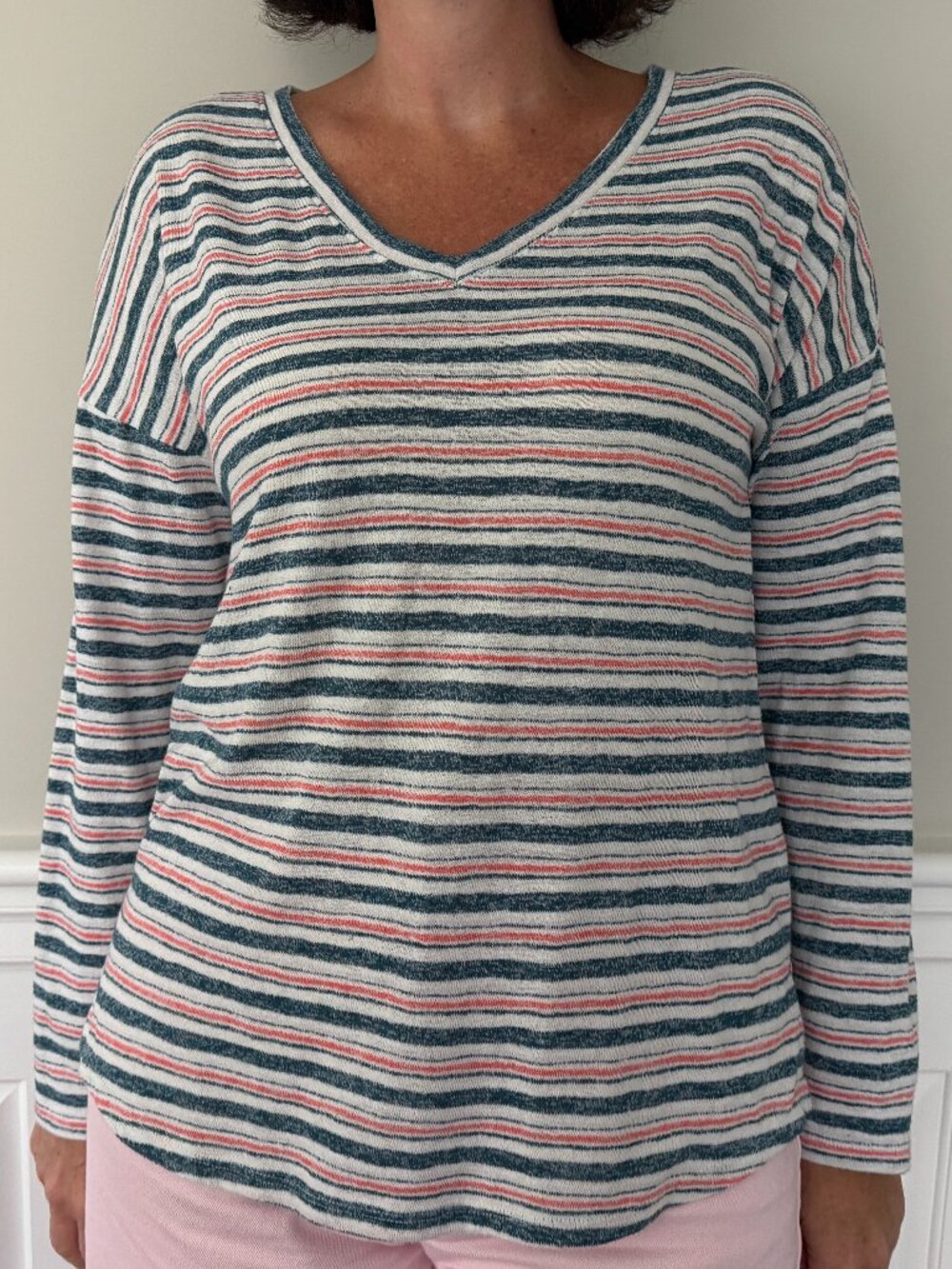 Caslon Striped V-Neck Long Sleeve Top | Navy Coral Cream | Lightweight Layering